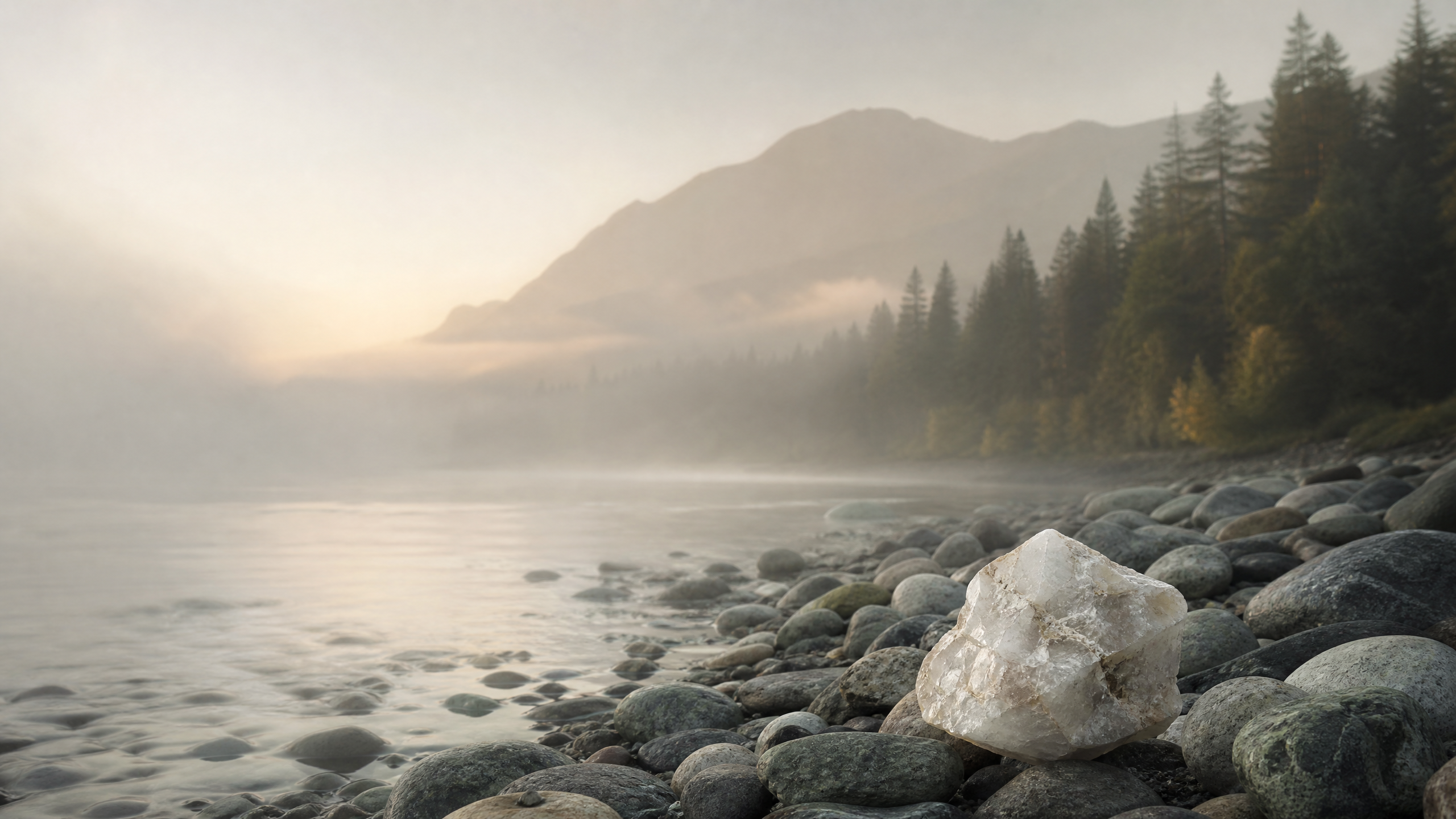 Mist over a British Columbia riverbank and stones